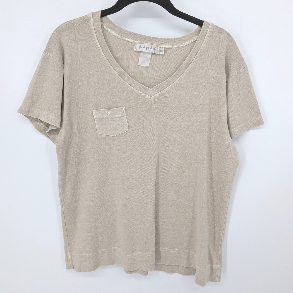 Fresh Produce Pocket Tee Women XL Beige Cotton Short Sleeve V-Neck Casual Top